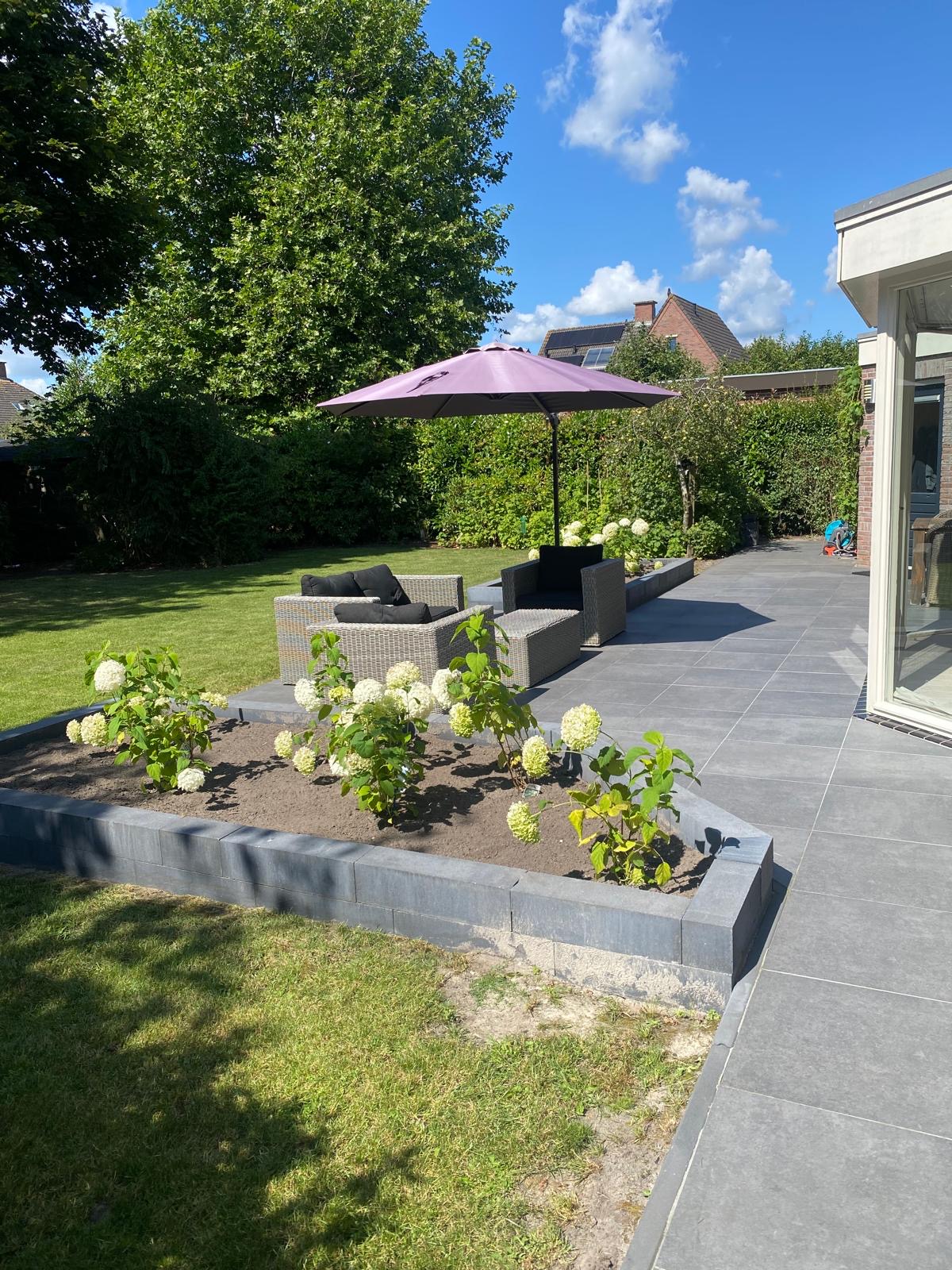 Terras met verhoogde plantenbakken